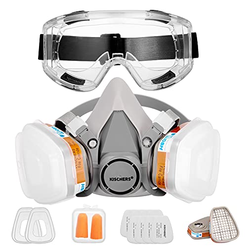 KISCHERS Reusable Half Facepiece and Anti-Fog Safety Goggle Set Against Dust/Organic Vapors/Smells/Fumes/Sawdust/Asbestos Suitable for Painting,Staining,Car Spraying,Sanding &Cutting