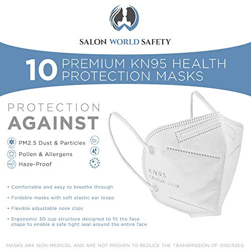 Salon World Safety KN95 Protective Masks, Pack of 10 - Filter Efficiency ≥95%, 5-Layers, Protection Against PM2.5 Dust, Pollen, Haze-Proof - Sanitary 5-Ply Non-Woven Fabric, Safe, Easy Breathing Wear