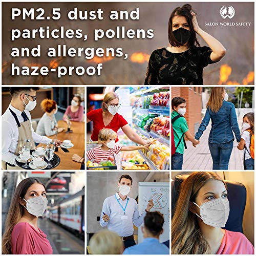 Salon World Safety KN95 Protective Masks, Pack of 10 - Filter Efficiency ≥95%, 5-Layers, Protection Against PM2.5 Dust, Pollen, Haze-Proof - Sanitary 5-Ply Non-Woven Fabric, Safe, Easy Breathing Wear