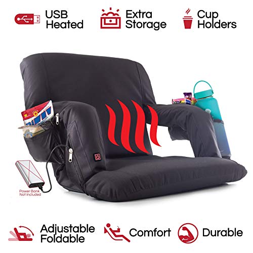 POP Design The Original Hot Seat, Heated Stadium Bleacher Seat, Reclining Back and Arm Support, Thick Cushion, 4 Storage Pockets Plus Cup Holder (Battery Pack Not Included)